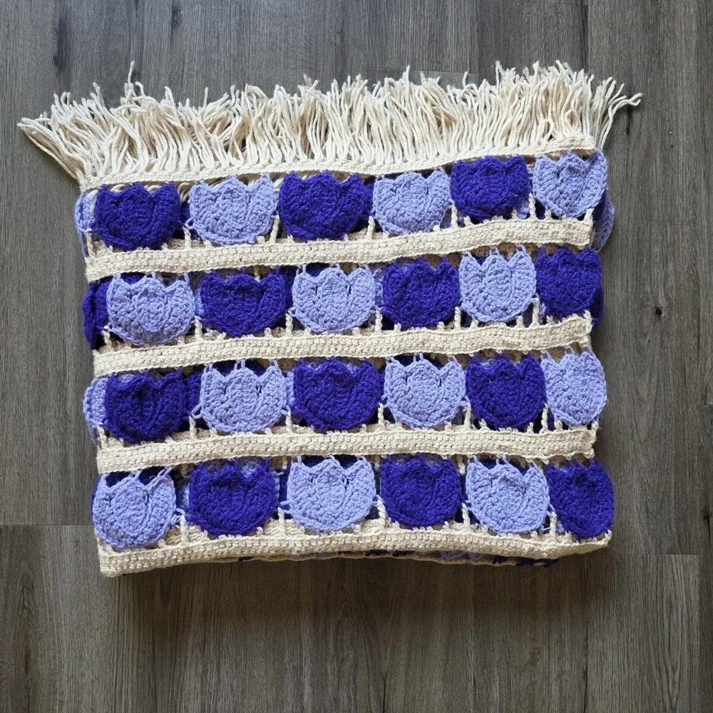 Vintage Handmade Crochet Purple & Cream Tulip Tulips Afghan Throw Blanket 85x45